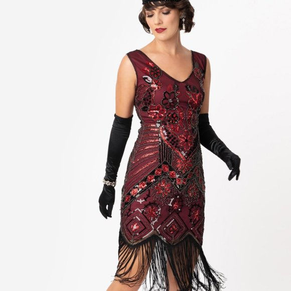 Unique Vintage Black and Red Sequin and Beaded Flapper Dress Size M - Picture 2 of 3